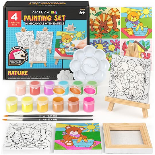 Arteza® Kids Canvas Paint Kit, 4 Mini Canvas- 3 x 3 with Easel